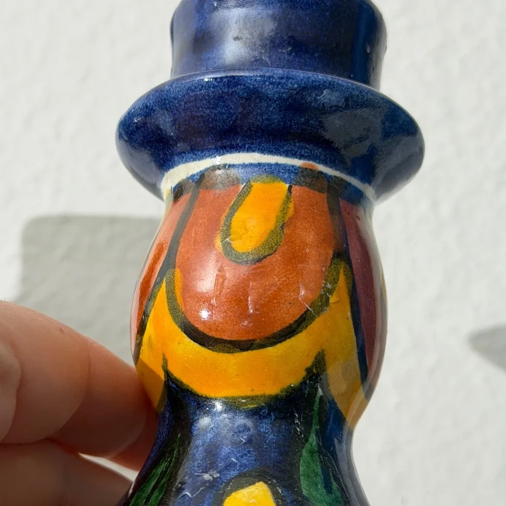 Vintage Mexican Pottery Candlestick Holders Pair Hand Painted Blue Folk Art